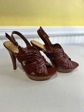 Women's Brown Leather Slingback Platform Heels